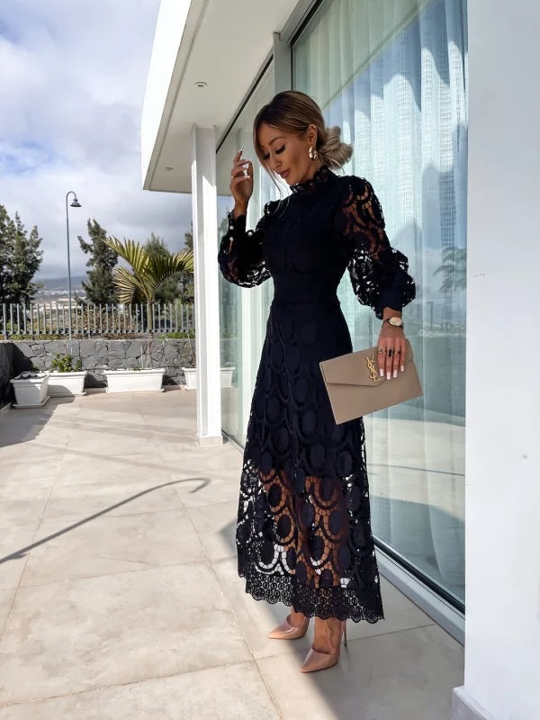 Seraphina | Women’s High-Neck Lace Midi Dress with Scalloped Edge