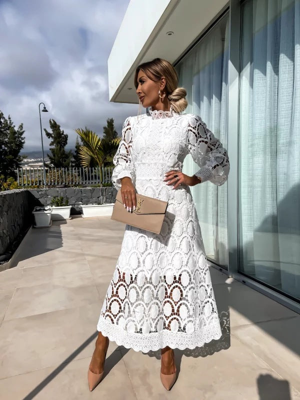 Seraphina | Women’s High-Neck Lace Midi Dress with Scalloped Edge