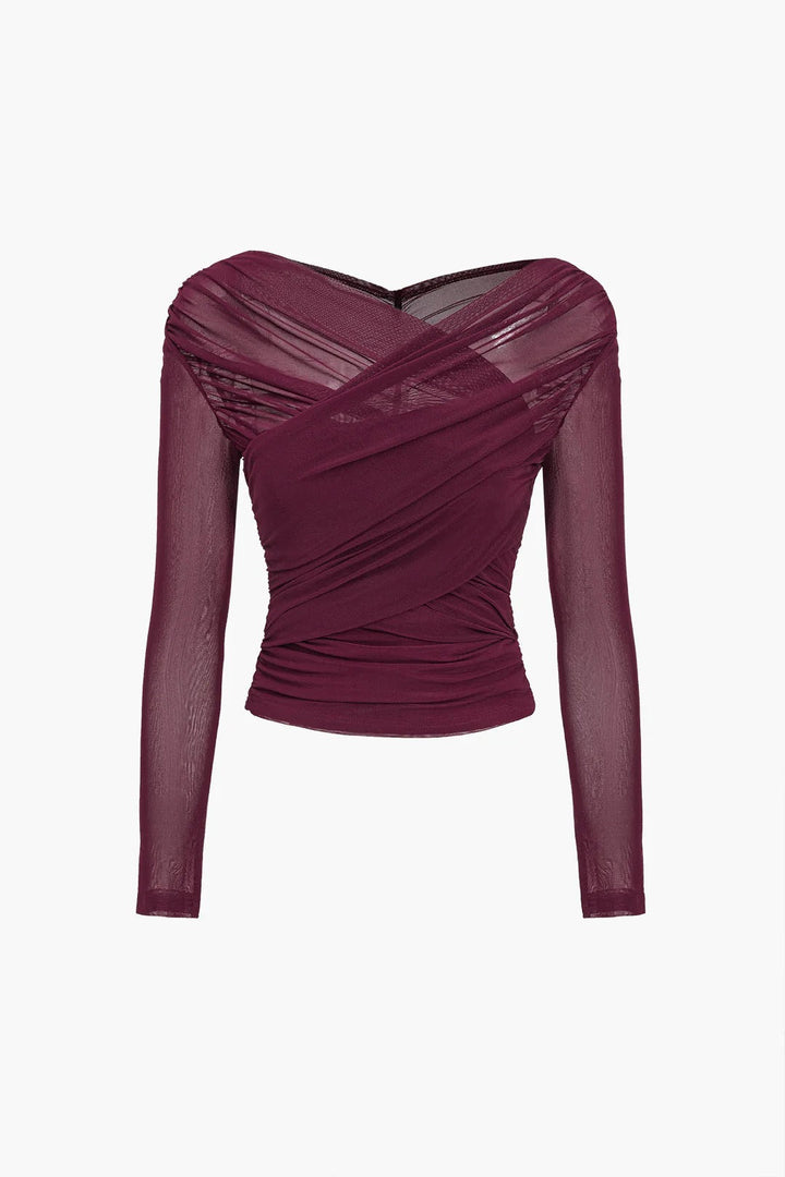 Celeste | Women’s Ruched Wrap Top with Sheer Sleeves